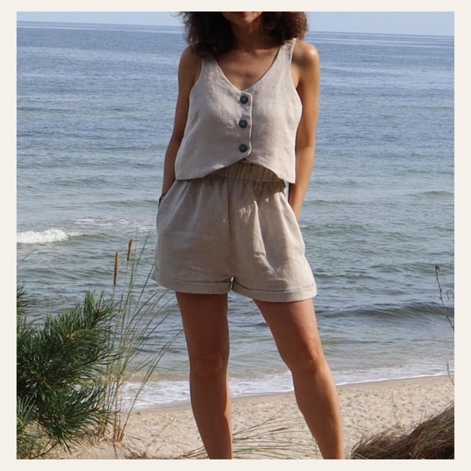 Casual Chic Women's Vest and Shorts PDF Sewing Patterns, Vest with Buttons, Elastic Waist Shorts, Sewing Instructions, and Video Tutorial
