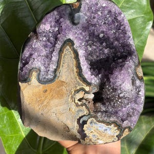 May include: A large amethyst geode featuring a deep purple crystalline interior surrounded by layers of tan, brown, and black agate banding. The stone has a rough, natural outer edge and a hollow center filled with sparkling, jagged purple crystals.