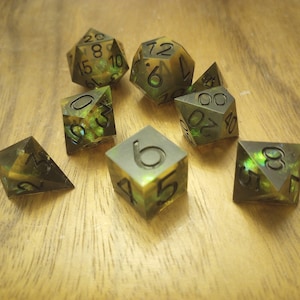 Ray of Sickness Dice - Sharp DnD Dice- Black and Green and Yellow- Handmade Resin Dice Set- 8 pc Dice Set