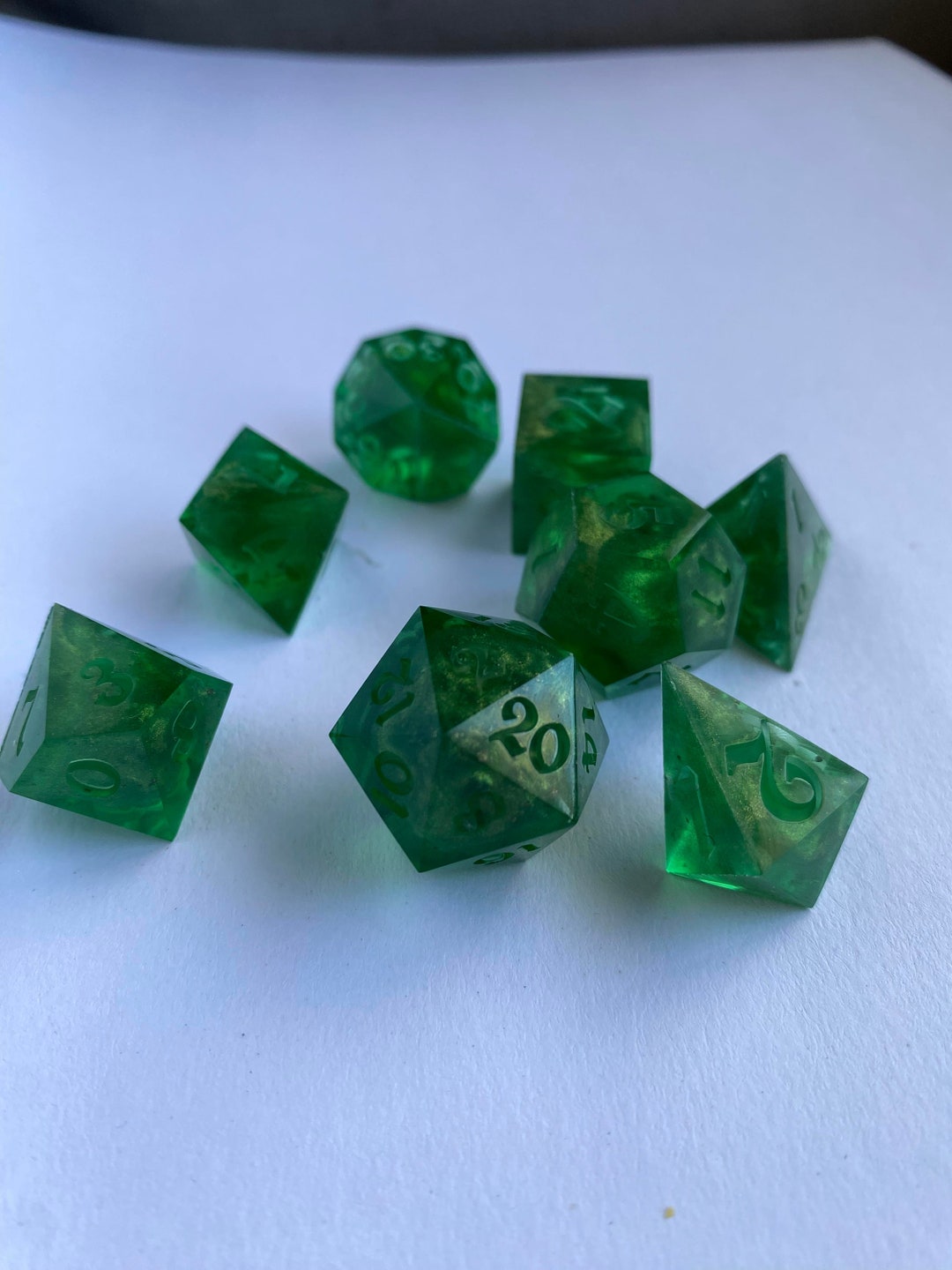 Green Magic dice Set Sharp Dnd Dice Green and Gold Sparkle Handmade