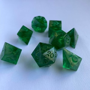 Green Magic -Dice Set - Sharp DnD Dice- Green and Gold Sparkle- Handmade Resin Dice Set- 8 pc Dice Set