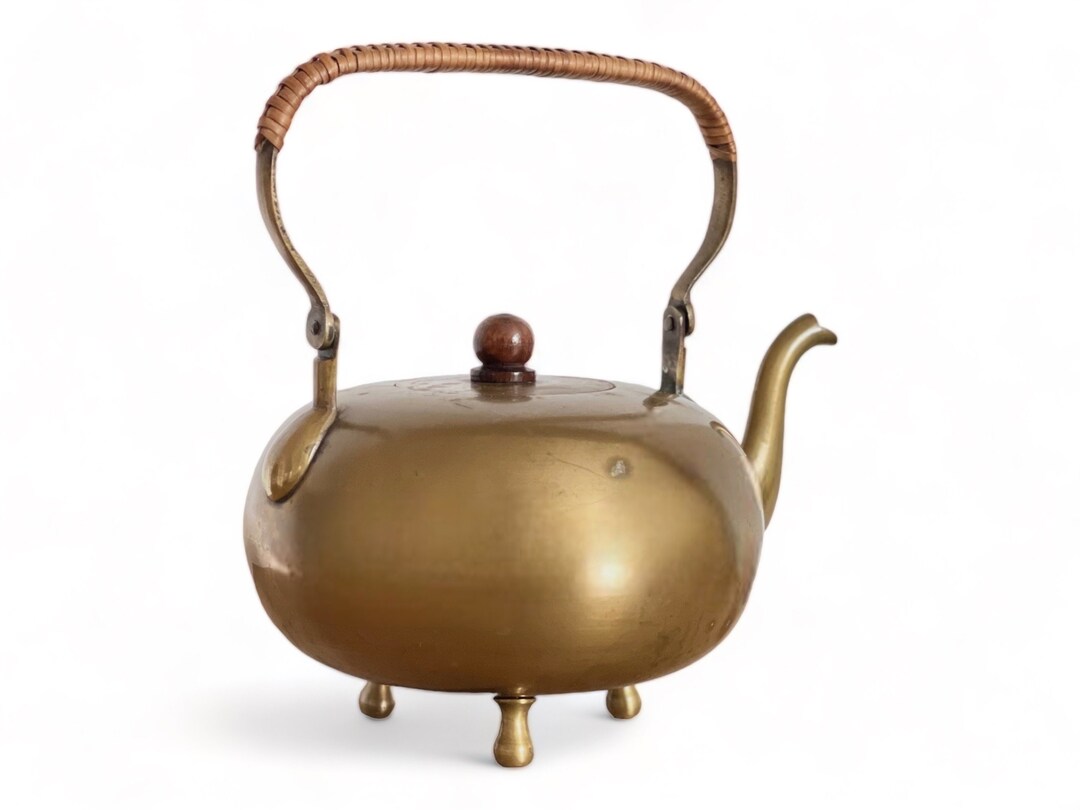 Antique Brass Teapot With Rattan Handle Footed Teapot Etsy