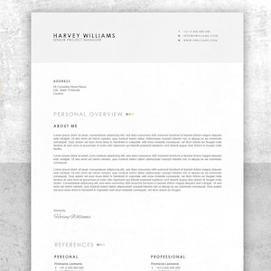 May include: A black and white resume template with the name Harvey Williams, Senior Project Manager, at the top. The resume includes contact information, an address, a personal overview, an about me section, references, and a professional section.