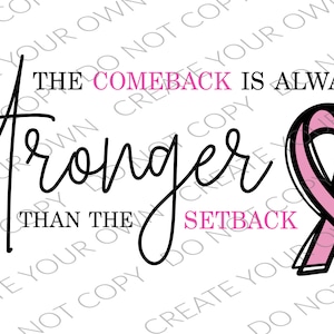 Könnte beinhalten: Schwarz-weißer kursiv geschriebener Text lautet "The comeback is always stronger than the setback". Rechts neben dem Text befindet sich ein rosa Band.