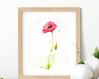 Poppy Flower Watercolor Painting, Art Print, Beautiful Wall Art