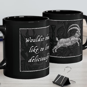 Live Deliciously Mug, Black Phillip Coffee Mug, Black 11oz Mug, Folk Horror Houseware, The VVitch Mug, Witchcraft Mug, Satanic Coffee Mug