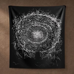 Black wall tapestry featuring Gustave Doré's Empyrean illustration from Dante's Divine Comedy, depicting a radiant celestial heaven surrounded by swirling angelic figures in detailed black and white engraving.