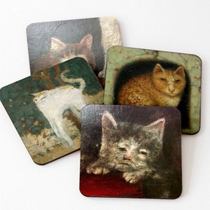 Funny Medieval Cats Coaster Set, Ugly Medieval Cats Coasters, Middle Ages Art, Unique Coasters, Gift For Cat Lovers