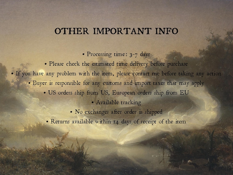 May include: Image with the text "OTHER IMPORTANT INFO" and bullet points detailing processing time, delivery, and return policies. The background features a landscape painting with a soft, ethereal glow.