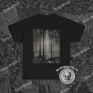 May include: Black t-shirt with a graphic print of a dark forest with a light path through the trees. The text "Know your darkness" is printed on a circular patch with a skull design.