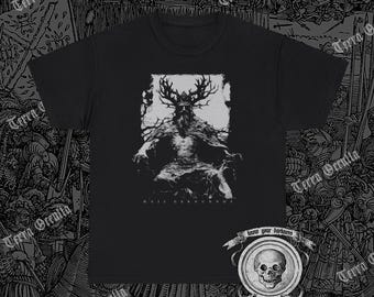 May include: Black t-shirt featuring a white graphic of a horned figure with the text "Hail Cernunnos" and "Know your darkness" beneath the image.