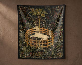 Tapiz de unicornio en cautiverio, jardín de unicornios, estilo cottagecore, decoración dark academia