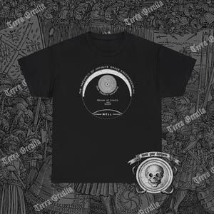 May include: Black t-shirt with a white graphic design of a circle with the text "THE VACUUM OF INFINITE SPACE ENCOMPASSING ALL", "OUR STARRY UNIVERSE", "REALM OF CHAOS AND NIGHT", and "HELL".