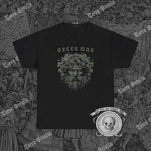 May include: Black t-shirt with a green man graphic and the text "Green Man" above the graphic. The text "Know your darkness" is below the graphic.
