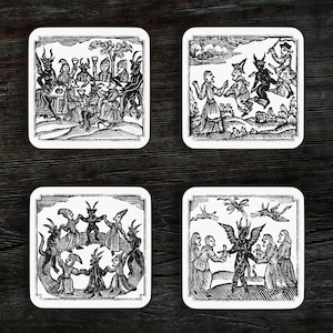 Witches Sabbath Coaster Set, Medieval Woodcut, Witchcraft, Middle Ages Art