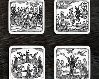 Witches Sabbath Coaster Set – Medieval Woodcut Gothic Drinkware