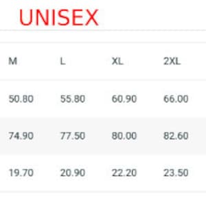 Puede incluir: Tabla de tallas unisex que muestra las medidas de ancho, largo y manga en cent&iacute;metros para las tallas S a 5XL.