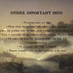May include: A digital graphic featuring the text OTHER IMPORTANT INFO followed by a list of bullet points detailing shop policies, set against a background painting of a misty, moonlit landscape with ethereal figures swirling over a dark river.