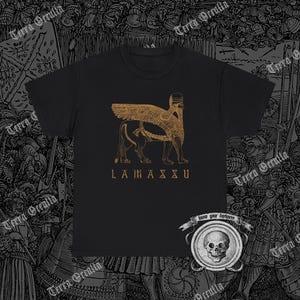 Lamassu T-Shirt, geflügeltes Löwe-Shirt, Mesopotamien, alte Hochkultur, sumerische Mythologie, babylonisches Hemd, assyrisches Hemd, Geschichte T-Shirt