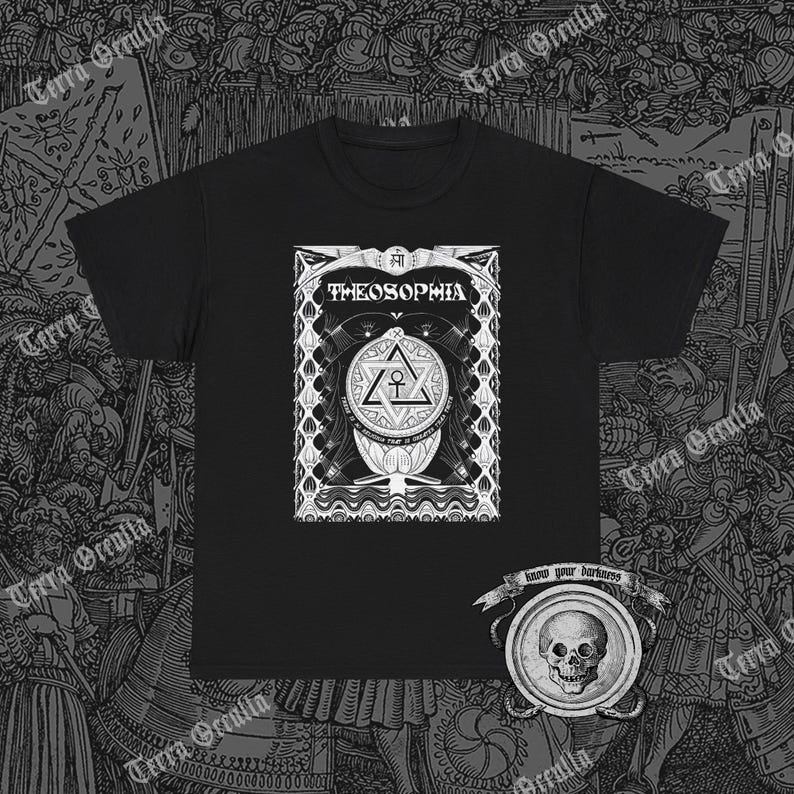 May include: Black t-shirt with a white graphic design featuring a stylized symbol with the text "Theosophia" and the phrase "Know your darkness".