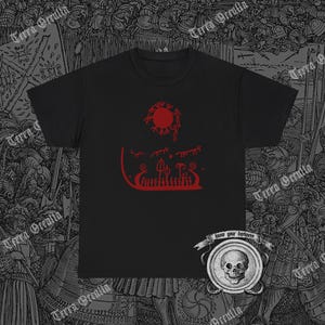 May include: Black t-shirt featuring a red graphic design of a boat with a sun and other symbols. The text "know your darkness" is printed on the bottom of the shirt.