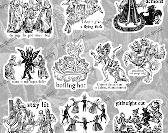 Funny Witchcraft Sticker Set, Sarcastic Medieval Woodcut, Morbid Witchy Stickers