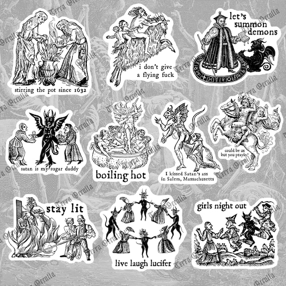 Funny Witchcraft Sticker Set, Sarcastic Medieval Woodcut, Morbid Witchy Stickers