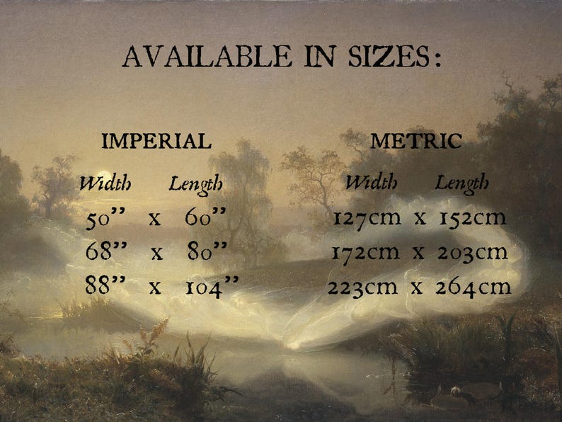 Pu&ograve; includere: Una tabella delle taglie con il testo AVAILABLE IN SIZES: IMPERIAL e METRIC. Elenca tre dimensioni: 50" x 60", 68" x 80" e 88" x 104" in pollici, insieme a 127cm x 152cm, 172cm x 203cm e 223cm x 264cm in centimetri.