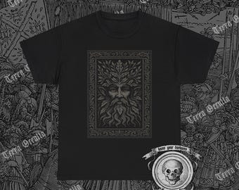 May include: Black t-shirt with a detailed, framed illustration of a Green Man with a leafy crown and beard in shades of grey. A small emblem with a skull and the text "know your darkness" is at the bottom.