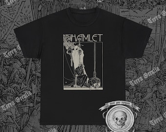 May include: Black t-shirt with a white graphic of a character from Hamlet, the play by William Shakespeare. The graphic includes the text "HAMLET" and the phrase "Know your darkness".