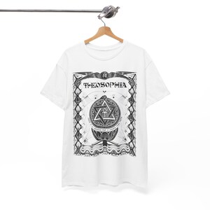 May include: White t-shirt with a black and white graphic print of a geometric design with the word "Theosophia" and the text "Wisdom that is greater than all things".