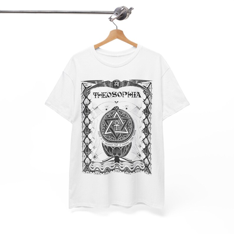 May include: White t-shirt with a black and white graphic print of a geometric design with the word "Theosophia" and the text "Wisdom that is greater than all things".