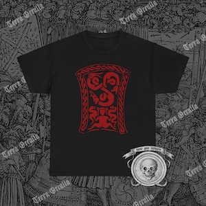 May include: Black t-shirt with a red graphic of a stylized knot design. The text "Know your darkness" is printed below the graphic.