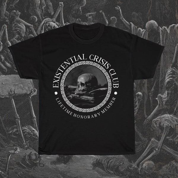 T-shirt Existential Crisis Club, t-shirt philosophie amusant, cadeau philosophe pour lui, débardeur tête de mort cynique, Jean-Paul Sartre, Søren Kierkegaard