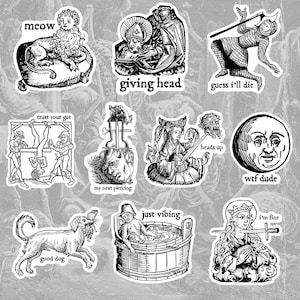 Sarcastic Middle Ages Sticker Set, Hand Drawn Medieval Woodcut Stickers, Morbid Witchy Sticker Pack