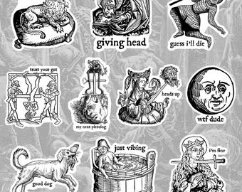Sarcastic Middle Ages Sticker Set, Hand Drawn Medieval Woodcut Stickers, Morbid Witchy Sticker Pack