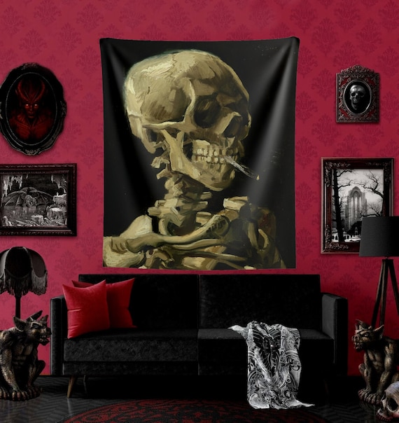 cigarette tapestry Smoking Skeleton Tapestry, Vincent Van Gogh, Gothic Home Decor, Skeleton