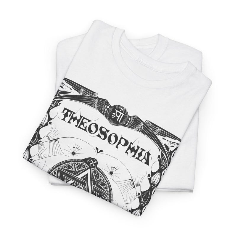 May include: White t-shirt with a black and white graphic design featuring the word "Theosophia" and a stylized bird with wings spread.