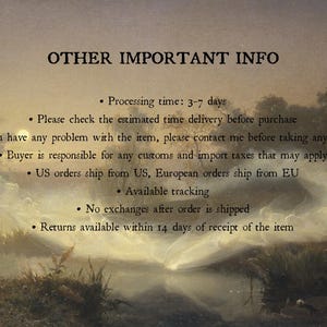 May include: A digital graphic featuring the text OTHER IMPORTANT INFO followed by a list of store policies. The background is a landscape painting depicting a misty, golden-hued river scene with ethereal, swirling white forms over the water.
