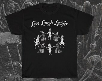 Camiseta Live Laugh Lucifer, camisa del sábado de brujas, camiseta de brujería divertida, bailando con el diablo, camiseta sin mangas satánica, xilografía medieval oculta