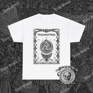 May include: White t-shirt with a black and white graphic print of a symbol with the word "Theosophia" above it. The graphic is surrounded by a decorative border. The text "Know your darkness" is printed below the graphic.
