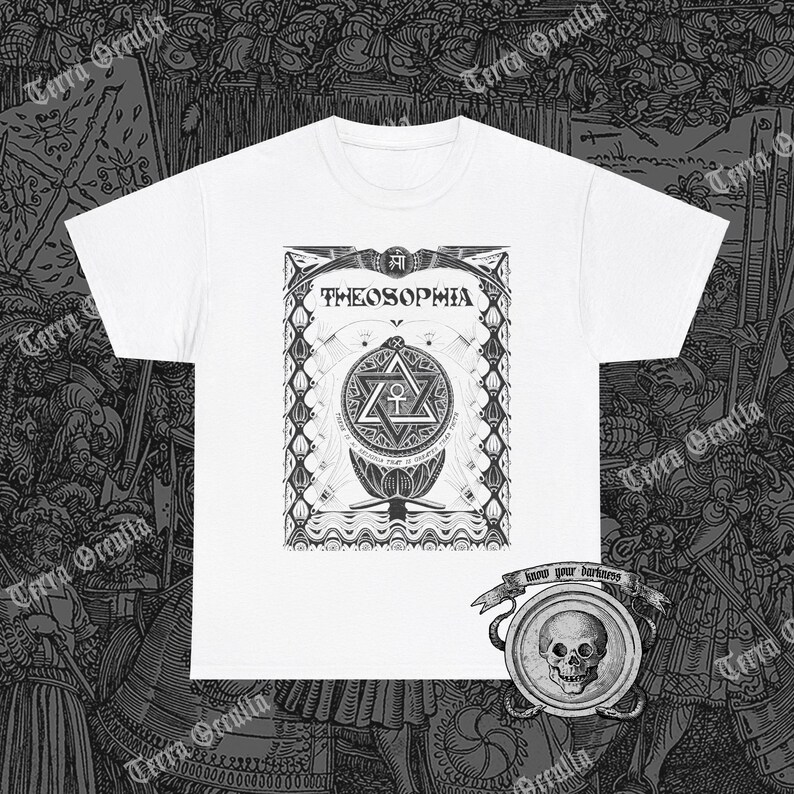 May include: White t-shirt with a black and white graphic print of a symbol with the word "Theosophia" above it. The graphic is surrounded by a decorative border. The text "Know your darkness" is printed below the graphic.