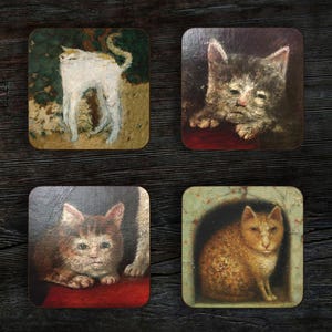 Funny Medieval Cats Coaster Set, Ugly Medieval Cats Coasters, Middle Ages Art, Unique Coasters, Gift For Cat Lovers