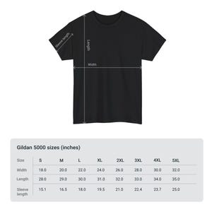 May include: A plain black t-shirt with white measurement lines indicating length, width, and sleeve length. Below the shirt is a Gildan 5000 size chart in inches, listing dimensions for sizes S through 5XL for width, length, and sleeve length.
