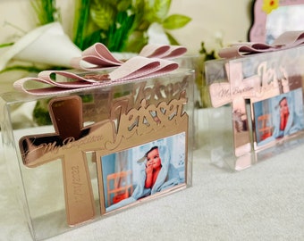 Custom Rose Gold Photo Frame Favors: Baby Baptism, Birthday Gift