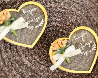 Personalized Gold Plexiglass Wedding Magnet Favors with Floral Design