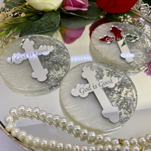 Personalized Baptism Favor: Silver Cross Magnet, Custom Guest Gift