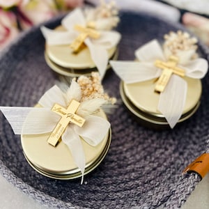 Custom Baptism Candle Favor: Soy Wax Christening Gift, Personalized Tag