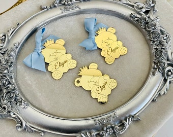 Personalized Baby Shower Gift Teddy Bear with Bow Mirror Tag
