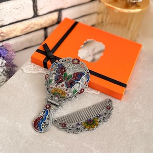 Vintage Butterfly Mirror and Comb Set, Antique Handheld Dressing Mirror, Elegant Vanity Gift, Retro Hair Comb Set, Birthday Gift For Her